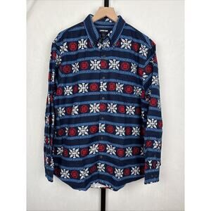 NEW Land's End Flagship Flannel Button Down Shirt Men's Large Blue Fair Isle
